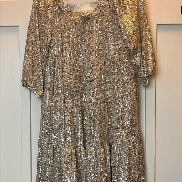 $295 Muche et Muchette Viky Shift Dress Silver Sequin Pockets ONE SIZE Tunic - Picture 2 of 12